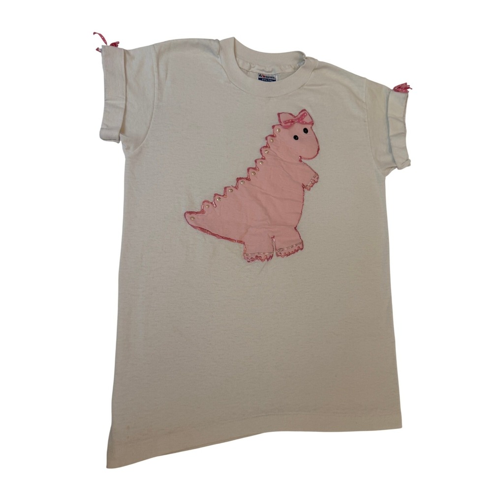 Vintage Hanes Fifty-Fifty Girls White T-Shirt Pink Dinosaur Bow M 10-12
